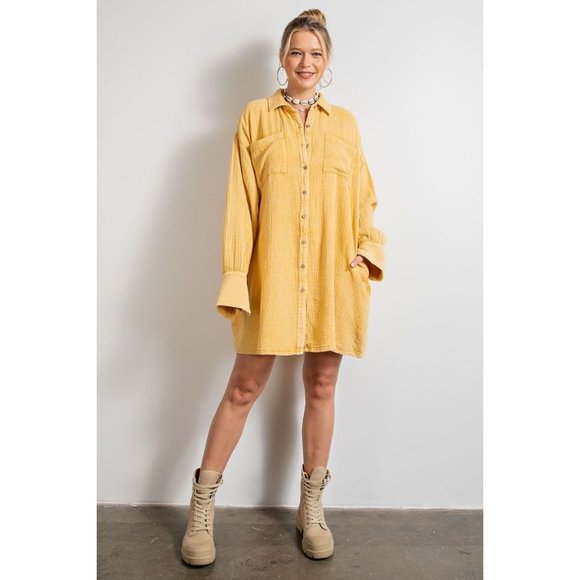 easel Dresses Easel Mustard Cotton Gauze Mineral Button Down Front